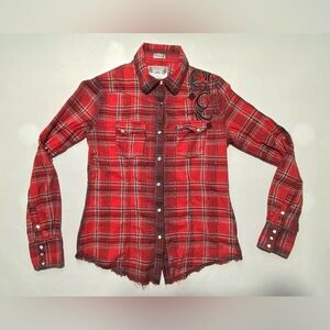 GOOD- Size L Womens Roar Western Shirt Button Front Distressed Top Red Plaid